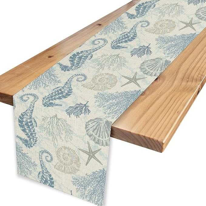 Nautical Table Runner, Summer Coastal Starfish Seashells Coral Seahorse Tropical Ocean Beach Blue Farmhouse Coffee Table Center Decor for Home Kitchen Dining Indoor Outdoor Table Decorations, 13"x108"
