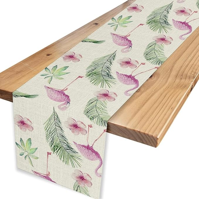 Flamingo Table Runner,Spring Summer Tropical Floral Green Palm Leaves Hawaiian Luau Watercolor Table Center Decor for Family Kitchen Living Room Farmhouse Party Table Decorations, 13"x36"