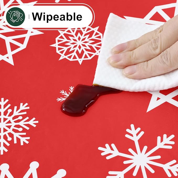 misaya Rectangle Waterproof Vinyl Table Cloth, Wipeable Tablecloth with Flannel Backing, Plastic Table Cover for Dinner, Christmas Party (Red Snowflake, 60" x 120")