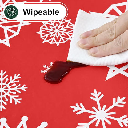 misaya Rectangle Waterproof Vinyl Table Cloth, Wipeable Tablecloth with Flannel Backing, Plastic Table Cover for Dinner, Christmas Party (Red Snowflake, 60" x 120")