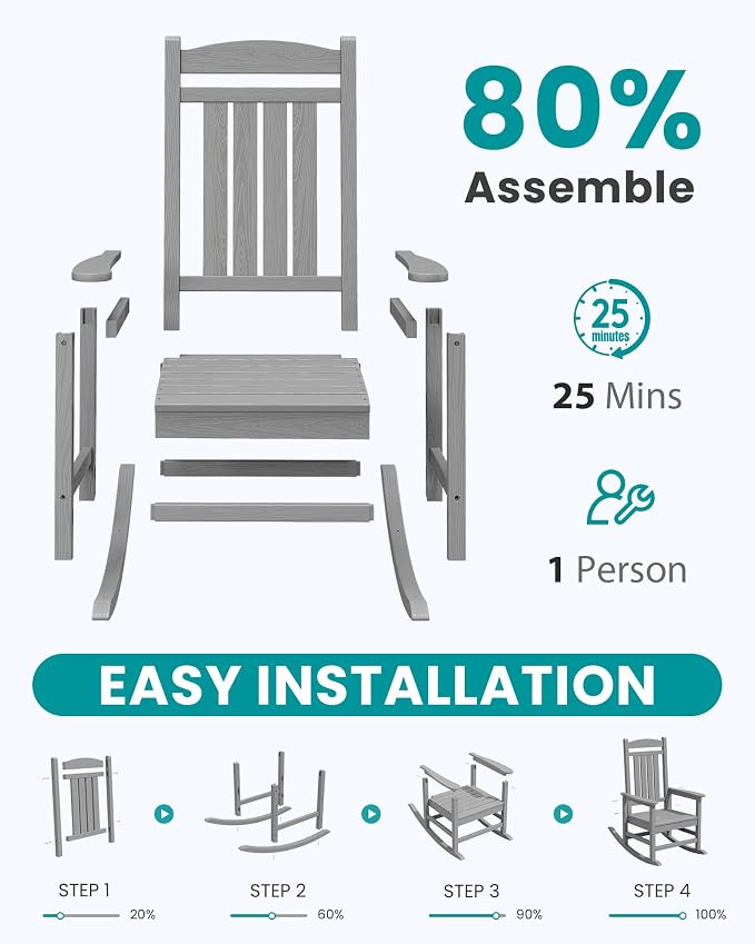 SERWALL Outdoor Rocking Chair Set of 4, Patio Rocking Chair, Light Gray | HDPE - Image 8