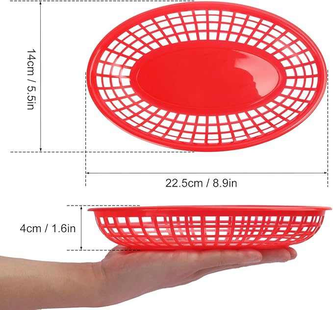 80 Pcs 9 x 5.7 Inch Reusable Oval Fast Food Baskets, Sturdy Plastic Serving Baskets for Fast Food, Parties, Picnics, BBQs and Snacks, by KUKLIPJIM.(Red)