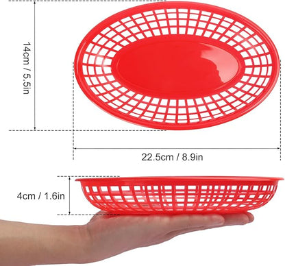 90 Pcs 9 x 5.7 Inch Reusable Oval Fast Food Baskets, Sturdy Plastic Serving Baskets for Fast Food, Parties, Picnics, BBQs and Snacks, by KUKLIPJIM.(Red)