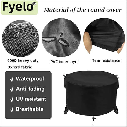 Round Fire Pit Cover 36" Dia X 24" H, 600D Strong Tear Resistant, Waterproof & UV Resistant Outdoor Cover, Fit for 33",34" ,35",36" Round Gas Firepits, Fire tables or Fire bowls, Black