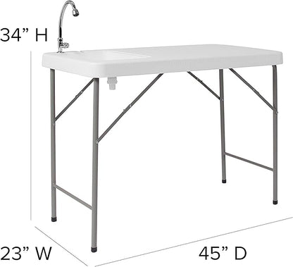 Flash Furniture Wesley 4' Portable Fish Cleaning Table with Sink, Outdoor Portable Folding Camping Sink Table with Faucet, and Hose Attachment, White