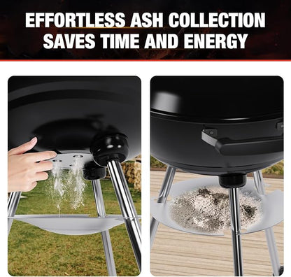 18 inch Charcoal Grill, Portable Kettle BBQ Grills, Perfect BBQ Gift, Durable & Easy to Assemble, Round Barbecue Grill with Wheels and Lid for Outdoor Cooking, Patio and Beach, Black