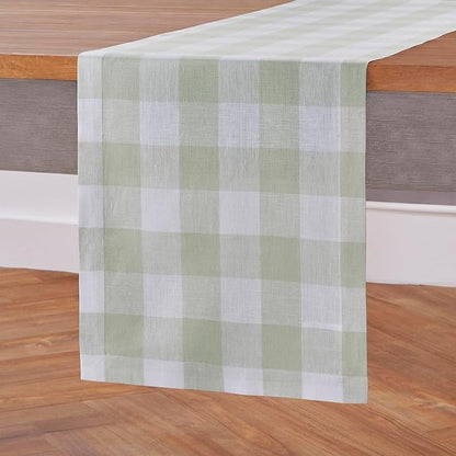 Solino Home Linen Checkered Table Runner 108 Inches Long - 100% Pure Linen Sage and White Buffalo Check Table Runner 14 x 108 Inch Ideal for Dining, Winter, Spring, St Patricks Day, Easter