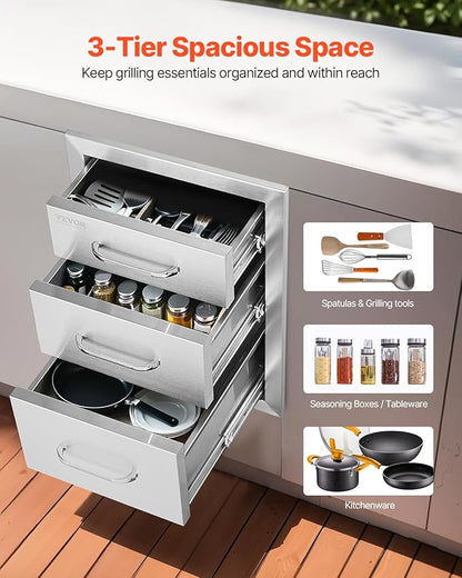 VEVOR 14x20.3 Inch Outdoor Kitchen Drawers Stainless Steel, Flush Mount Triple Drawer, 14W x 20.3H x 23D Inch, with Stainless Steel Handle, BBQ Drawers for Outdoor Kitchens or BBQ Island