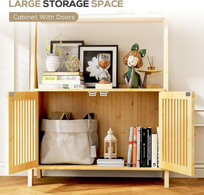 Bookcase with Drawers, 4-Tier Bamboo Bookshelf Ladder Shelf with 6 Hooks - Image 4