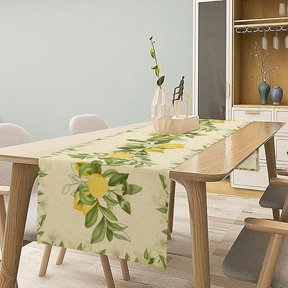 Summer Lemon Table Runner, Spring Blooming Lemon Tree Branches Bouquets Yellow Green Leaves Table Runner for Farmhouse Home Dining Kitchen Table Party Decor, 13x36inch