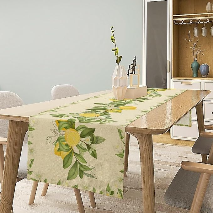 Summer Lemon Table Runner, Spring Blooming Lemon Tree Branches Bouquets Yellow Green Leaves Table Runner for Farmhouse Home Dining Kitchen Table Party Decor, 13x90inch