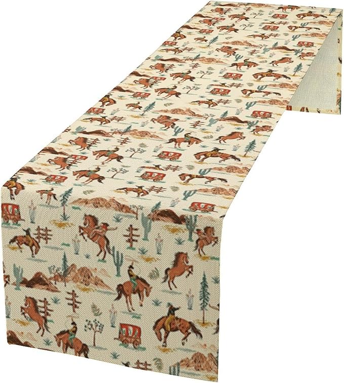 Western Cowboy Table Runner,Vintage Farmhouse Country Cowboy Horse Cactus Desert Print Table Runner for Kitchen Dining Table Holiday Home Party Decor 13x120in