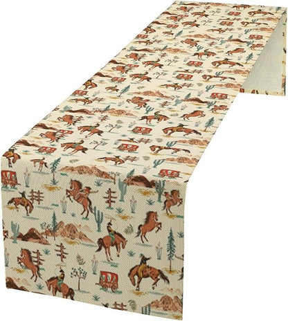 Western Cowboy Table Runner,Vintage Farmhouse Country Cowboy Horse Cactus Desert Print Table Runner for Kitchen Dining Table Holiday Home Party Decor 13x108in