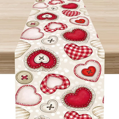 Red Heart Table Runner,Retro Rustic Beige Heart Buttons Polka Dot Valentines Decorations Decor for Family Kitchen and Living Room Outdoor Farmhouse Party Table Decorations, 13"x108"
