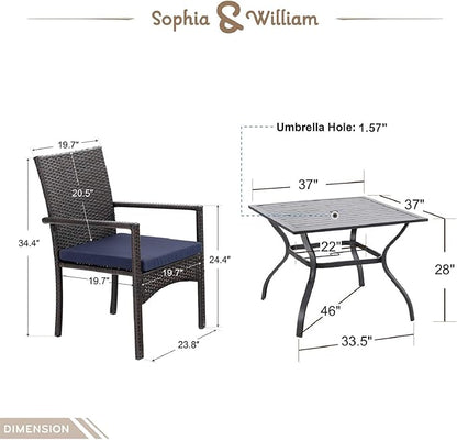 Sophia & William Outdoor 6 Pieces Dining Set with 4 Rattan Chairs, 1 Metal Table and 1 10ft 3 Tier Auto-tilt Umbrella(No Base) Orange Red, Modern Patio Furniture for Poolside, Porch, Patio, Balcony