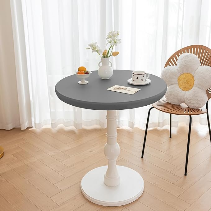 Round Fitted PU Tablecloth with High Elastic Edge 59 Inch Dia Waterproof Oil Proof Table Cloth Anti-Scald Stain-Resistant Wipeable Table Cover for Indoor Outdoor Picnic (Light Grey,59" Dia)