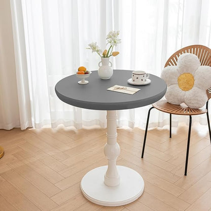 Round Fitted PU Tablecloth with High Elastic Edge 39 Inch Dia Waterproof Oil Proof Table Cloth Anti-Scald Stain-Resistant Wipeable Table Cover for Indoor Outdoor Picnic (Light Grey,39" Dia)