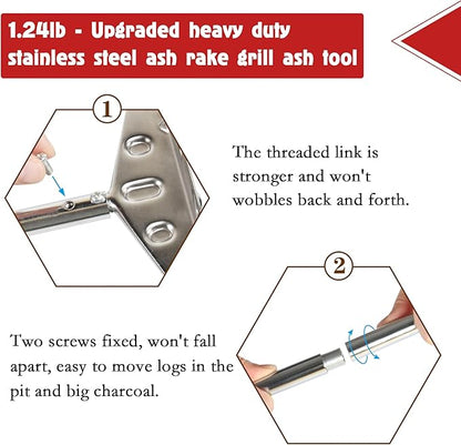 Heavy Duty Charcoal Grill Rake Ash Tool Accessories With Rubber Handle, Kettle Grill Pizza Oven Ash Rake - 32 Inch