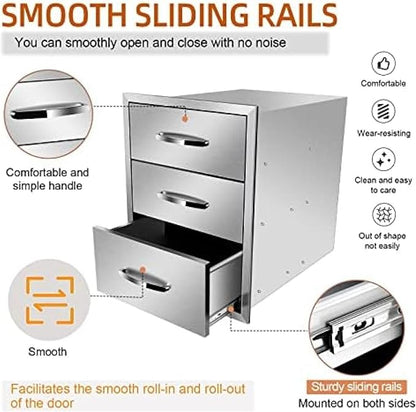 Stainless Steel Outdoor Kitchen Drawers - 3-Drawer BBQ Drawer, Built-in, Flush Mount for Outdoor Kitchens & BBQ Islands, 18Wx23Dx24H