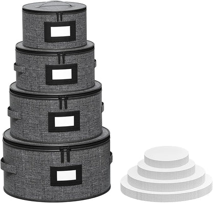 Aokeyee 4 Pcak China Storage Containers, Hard Shell Plates Storage Box with 48 Soft Divider for Saucer, Dessert, Salad, Dinner, Sturdy Quilted Stackable Dish Organizer for Moving & Protection, Grey