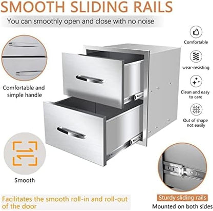 Stainless Steel Outdoor Kitchen Drawers - 3-Drawer BBQ Drawer, Built-in, Flush Mount for Outdoor Kitchens & BBQ Islands, 18Wx23Dx23H-2L