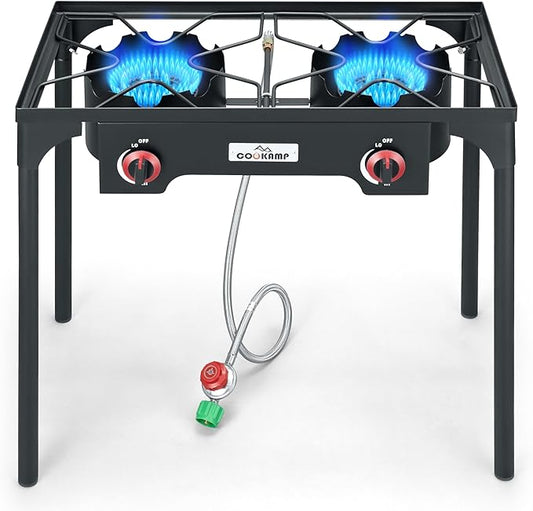 High Pressure Double Propane Burner Outdoor Camping Stove with 0-20 PSI Adjustable Regulator and Steel Braided Hose (Two Burner Stove)