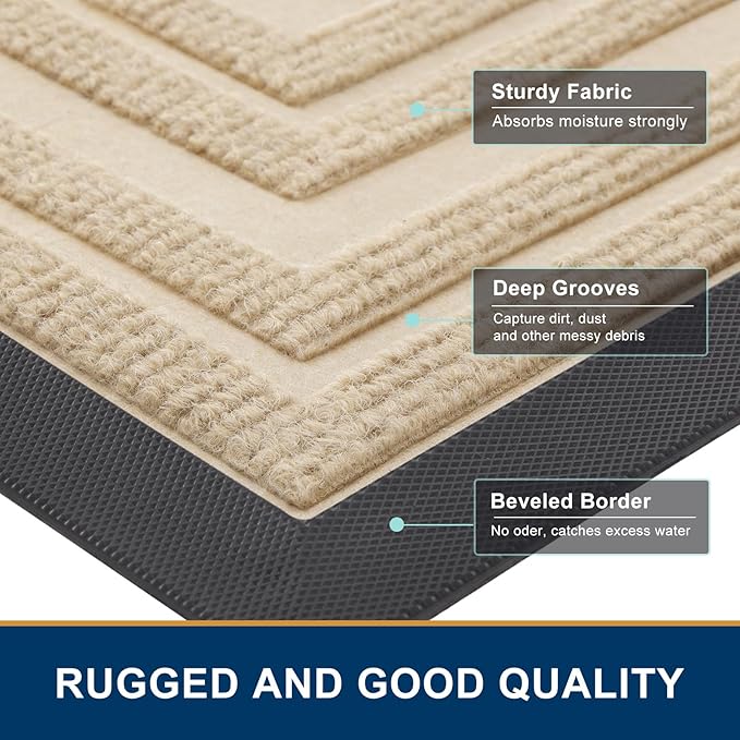 Buganda Front Door Mat Indoor Outdoor Entrance, Non-Slip Natural Rubber Doormats, Easy Clean, Low Profile, Dirt Trapper Entryway Floor Mats for Outside, Garages and Patios, 29.5x17, Beige
