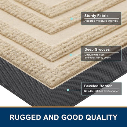 Buganda Front Door Mat Indoor Outdoor Entrance, Non-Slip Natural Rubber Doormats, Easy Clean, Low Profile, Dirt Trapper Entryway Floor Mats for Outside, Garages and Patios, 29.5x17, Beige
