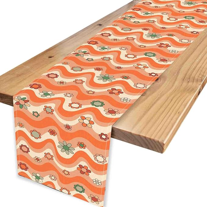 70s Table Runner, Retro Groovy Hippie Daisy Floral Orange Wave Funky Trippy Coffee Table Center Decor for Home Kitchen Dining Patio Holiday Party Indoor Outdoor Table Decorations, 13"x108" Inch