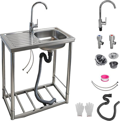 Outdoor Sink with Hose Hook Up, Free Standing Stainless Steel Utility Sink, Single Bowl Portable Sink Hand Wash Station for Camping, Backyard, Garden, Kitchen, Garage