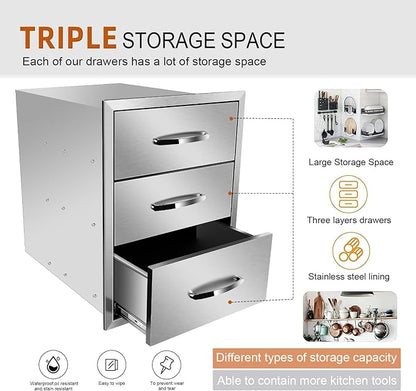Outdoor Kitchen Drawers, Box Frame Style Flush Mount BBQ Drawer w/Stainless Steel Handle, BBQ Island Drawers For Patio Grill Station,Three Drawers