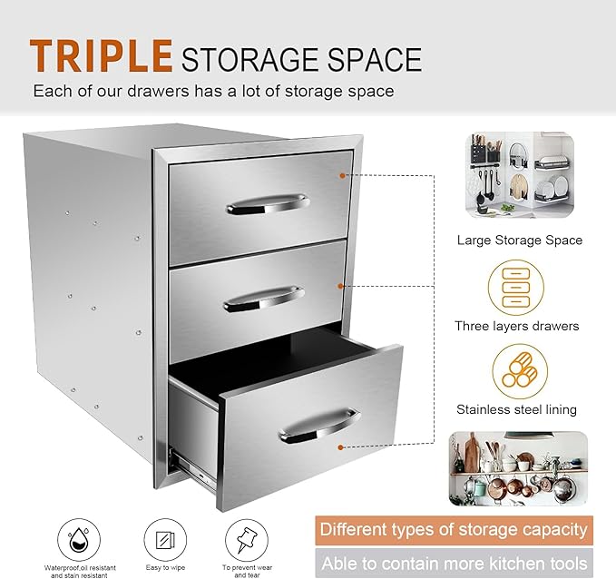 Outdoor Kitchen Stainless Steel Triple Access BBQ Drawers With Handle For BBQ Island Patio Grill Station,Three Drawers