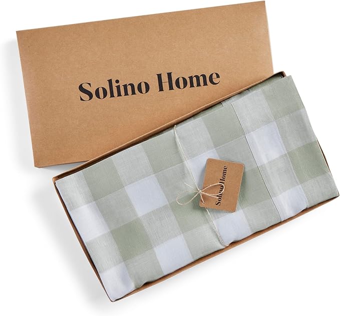 Solino Home Linen Checkered Table Runner 60 Inches - 100% Pure Linen Sage and White Buffalo Short Table Runner 14 x 60 Inch for Dresser and Coffee Tables - Winter, Spring, St Patricks Day, Easter