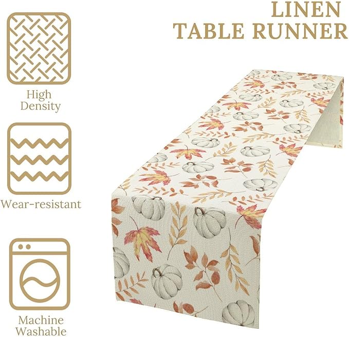 Autumn Pumpkin Table Runner, Watercolor Fall Maple Leaves Pumpkins Harvest Thanksgiving Table Runner for Holiday Dining Room Kitchen Table Party Decor, 13x60inch