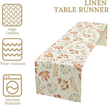 Autumn Pumpkin Table Runner, Watercolor Fall Maple Leaves Pumpkins Harvest Thanksgiving Table Runner for Holiday Dining Room Kitchen Table Party Decor, 13x70inch