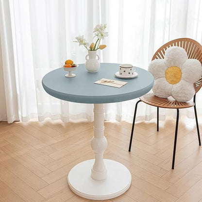 Round Fitted PU Tablecloth with High Elastic Edge 43 Inch Dia Waterproof Oil Proof Table Cloth Anti-Scald Stain-Resistant Wipeable Table Cover for Indoor Outdoor Picnic (Blue,43" Dia)