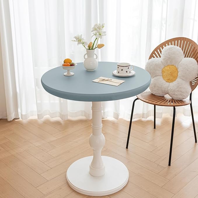 Round Fitted PU Tablecloth with High Elastic Edge 39 Inch Dia Waterproof Oil Proof Table Cloth Anti-Scald Stain-Resistant Wipeable Table Cover for Indoor Outdoor Picnic (Blue,39" Dia)
