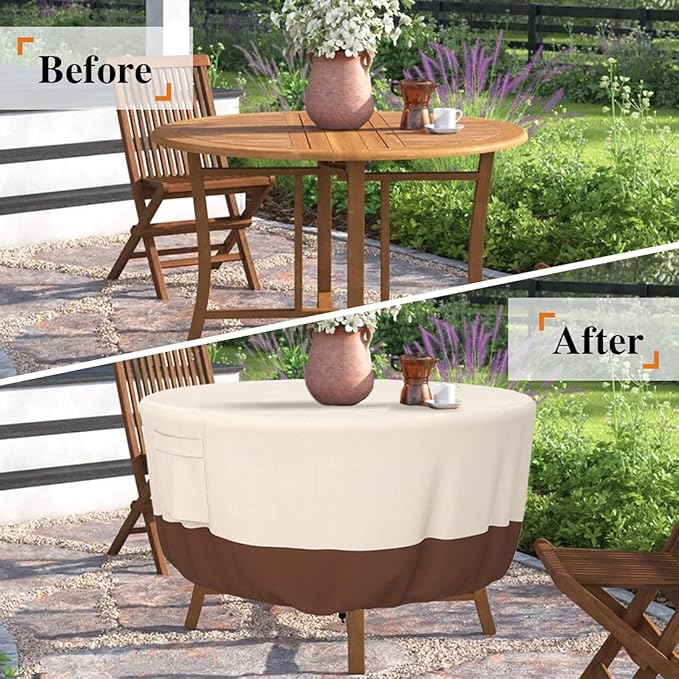 Patio Furniture Covers - Heavy Duty Round Table Cover (110D x 28H Inch) - Outdoor Dining & Coffee Table Cover for Veranda, Lawn - Waterproof & Weather Resistant, Anti UV - Beige & Brown