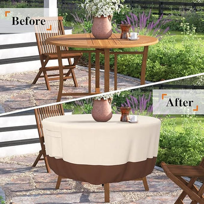 Patio Furniture Covers, Heavy Duty Round Patio Table Cover (48D x 26H Inch) Outdoor Dining & Coffee Table Cover for Veranda, Lawn, Table, Chair-Waterproof & Weather Resistant, Anti UV - Beige & Brown