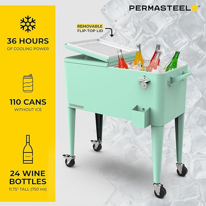 Permasteel 80 Quart Party Cooler, Rolling Ice Chest with Wheels and Handles for Indoor Outdoor Patio