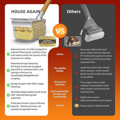 HOUSE AGAIN Grill Brush Bristle Free with Scraper, Safe Steam Cleaned Replaceable Head Fire Resistant Grill Cleaning Brush Strong Barbecue Brush Cleaner Non Wire for Outdoor Grill Grate/Wooden Handle