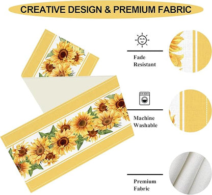 Yellow Sunflower Table Runner, Rustic Farmhouse Summer Sunshine Boho Floral Bee Rural Cottage Watercolor Decorations Table Decor for Home Kitchen Dining Patio Indoor Outdoor Cafe, 13"x108" Inch
