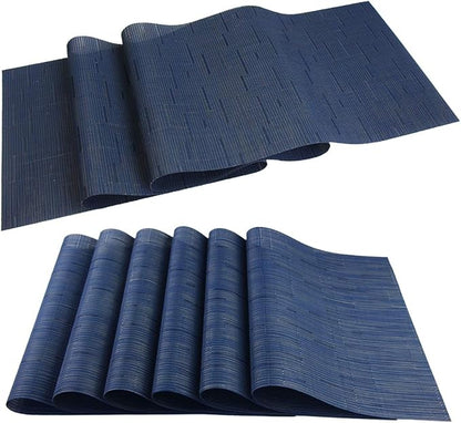 PIGCHCY Elegant Placemats with Matching Table Runner,Washable Durable Durable Vinyl Woven Table Mats Sets(6pcs Placemats+1pcs Table Runner,Same Style,Navy Blue)