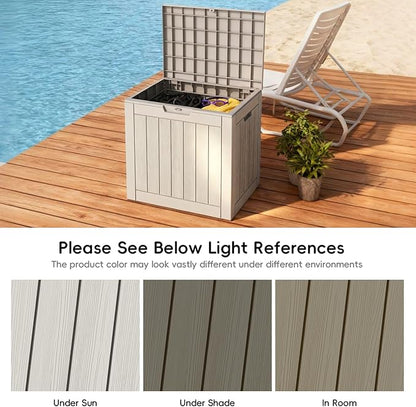 Mars Villa 31 Gallon Deck Box, Waterproof Weatherproof and UV Resistant Resin Storage Bin with Lockable Lid, Ideal for, Outdoor, Patio Furniture Cushions, Pool Supplies, Garden Tools, Greige