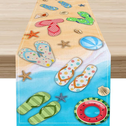 Blue Sea Waves Starfish Table Runner, Tropical Summer Flower Clear Sea Water Coffee Table Center Decor for Family Kitchen Wedding Party and Living Room Farmhouse Table Decorations, 13" X 90"