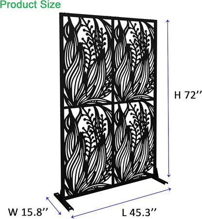 Metal Privacy Screen Room Divider 72" H x 45.3" W, Free Standing Decorative Panel with Bird Design for Indoor Outdoor Use, Black Iron Partition for Patio Balcony Garden (Leaf Black)