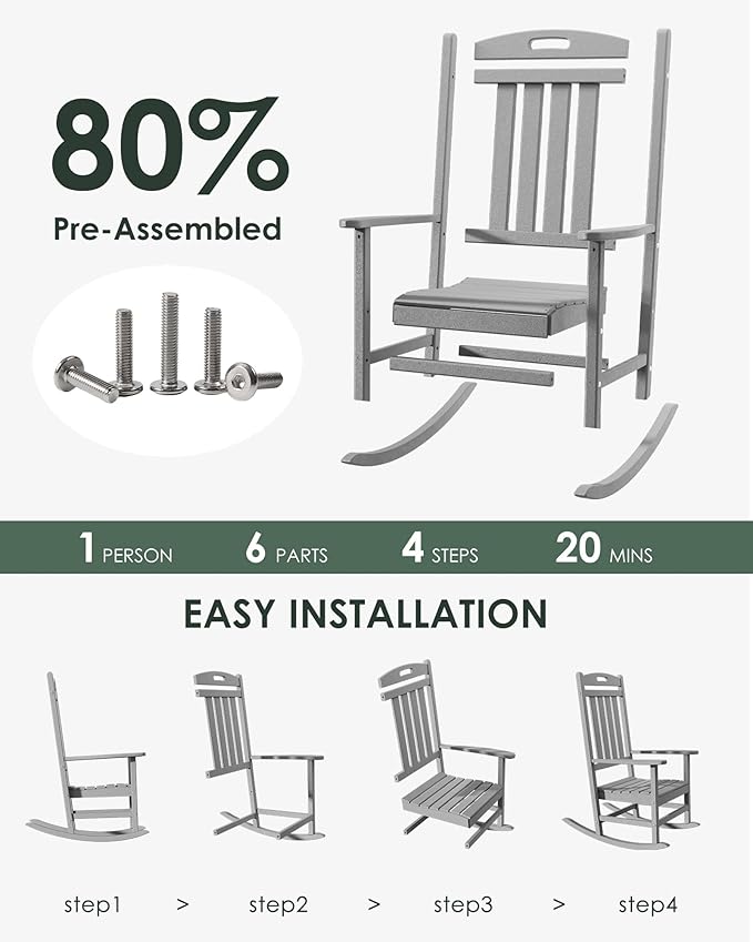Outdoor Rocking Chair Set of 4, All-Weather Resistant Poly Lumber Rocker Chair - Image 3