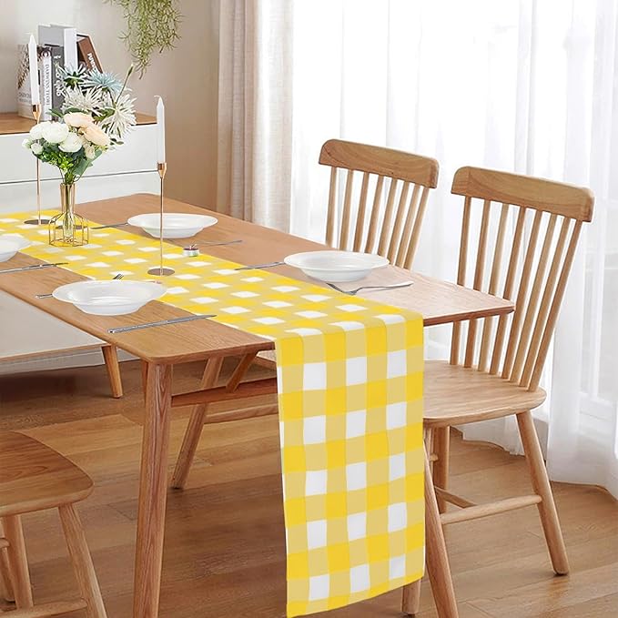 Fabric Checkered Table Runner 1 Pack Waterproof Gingham Table Runner 14W x 108L Buffalo Check Table Runners for Parties Kitchen Dining Wedding Banquet (Yellow and White)