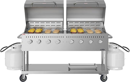 60 in. 8-Burner Commercial Outdoor Propane Gas Grill with 2 Roll Dome Covers in Stainless-Steel, ETL Listed (CGKIT6-D30D30)