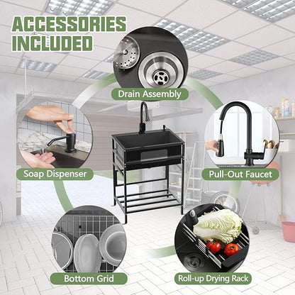 Black utility sink, 25x18 Inch Stainless Steel Freestanding Laundry Sink Practicality With Accessories-Black Faucet,Soap Dispenser, SS Sink Grid, Colander For Laundry,Garage,Outdoor Kitchen,Garden...